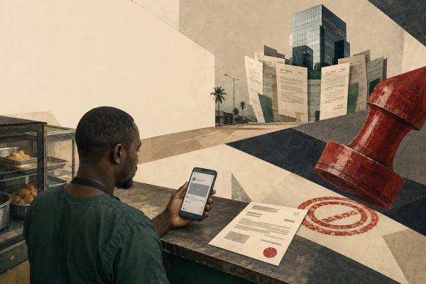 A small food vendor at his counter reading a post on his phone, while a large red stamp comes down on an official letter beside him and regulatory documents mass around a corporate tower behind